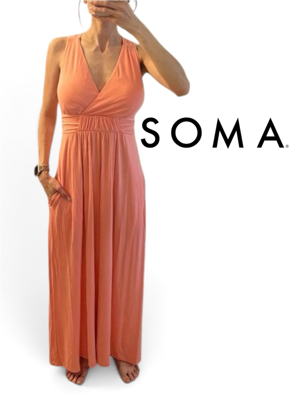 Soma Coral Sleeveless V-Neck Maxi Dress with Pockets Size Large Casual Summer